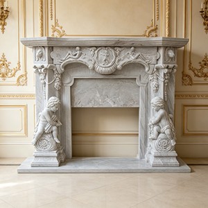 Cornice per Caminetto in Marmo Grigio Intagliata <span class=keywords><strong>a</strong></span> Mano con Statue di Cherubini, Rivestimento per Caminetto in Pietra Naturale per Decorazioni di Lusso per Palazzi - Product Image 1