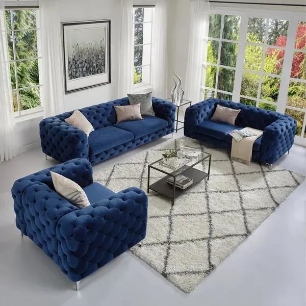 Современный Американский роскошный тканевый бархатный темно-синий стеганый диван для шестерфилда среднего века