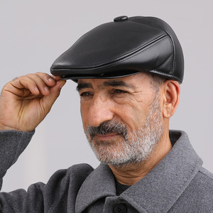 PU Front <b>Cap</b> Men's <b>Winter</b> Warm Fleece Lined Ear Protection Hat Black Middle Aged Elderly Hats - Product Image 4