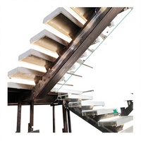 Escalier droit moderne Boaosii pour intérieur, avec marches en marbre durable, poutre centrale, garde-corps en verre et acier inoxydable