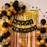 Kit de guirlande de ballons d'anniversaire noir et or avec bannière Joyeux Anniversaire et rideau en feuille d'or pour la décoration de fond de fête d'anniversaire pour adultes