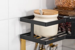 Étagère de rangement d'angle de cuisine en métal en forme de triangle, panier mural avec crochets adhésifs pour cuisine moderne de luxe et salle de bain - Product Image 5