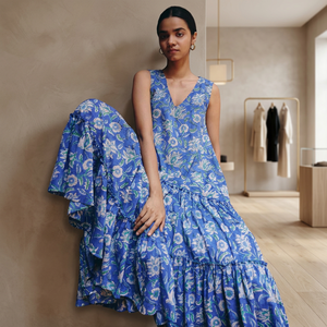 Robe longue bleue à imprimé floral, col en V, sans manches, coupe trapèze, style bohème, ample, décontractée, en coton tissé pour l'été - Product Image 2