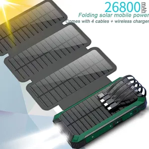 Portable Solar Mobile Power Bank Waterproof Wireless Solar Powerbank 26800Mah with foldable Solar panel and light