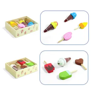 COMMIKI Wooden Ice Cream Toy Role Playing Toys Wooden Artificial Ice Cream / Popsicle Ice Cream Stand Wooden Toy