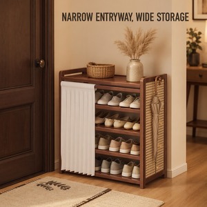 <span class=keywords><strong>Meuble</strong></span> à chaussures 5 niveaux avec rideau <span class=keywords><strong>coulissant</strong></span> en rotin tressé, organisateur de chaussures étroit pour entrée, couloir, maison, vente en gros - Product Image 2
