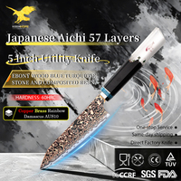 Pisau Koki Baja Damascus Tembaga Kuningan 57 Lapis Keenhope Japanese Aichi AUS10, Pisau Utilitas Dapur 5 Inci, Gagang Kayu Ebony Resin