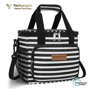 Striped Insulated Cooler Bag With Red Trim And Black Handles For Picnic Use - Product Image 2