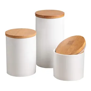 Набор из 3 белых банок для хранения еды, керамические кухонные контейнеры для печенья, конфет, с герметичной крышкой из бамбука