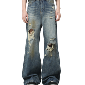 Jean en denim vintage patchwork pour homme Bossypro, coupe droite, déchiré, imprimé graffiti, pantalon de jogging en coton imprimé léopard - Product Image 2