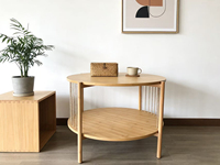 Mesa de Centro Circular Combohome, Mesa Auxiliar para Sala de Estar con Acabado en Carbón, Mesa Lateral para Sofá con Ratán Natural