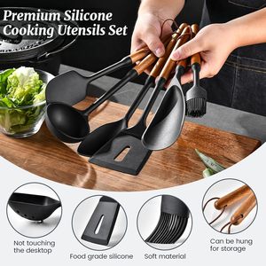 Juego de utensilios de silicona con logotipo personalizado, mango de madera, sin BPA, herramientas de cocina, venta al por mayor directa de fábrica para marca privada - Product Image 2