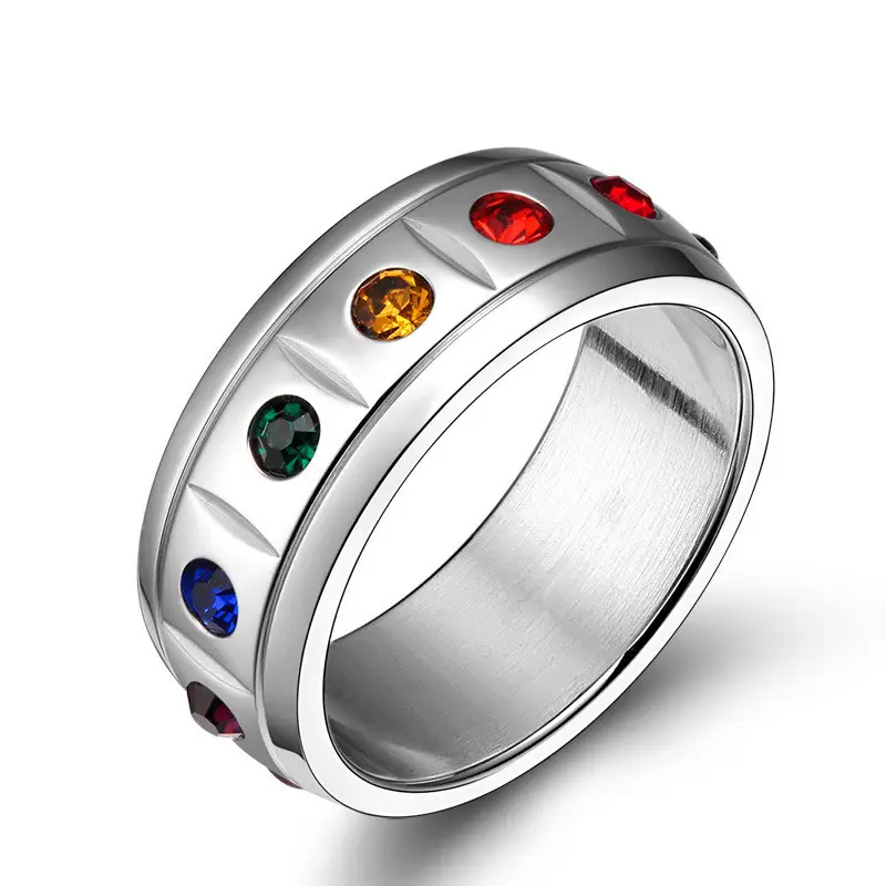 Modisch LGBT und Lesben Stolz Schmuck Ring Regenbogen Zirkon Kristall Edelstahl Spin Angst Ring