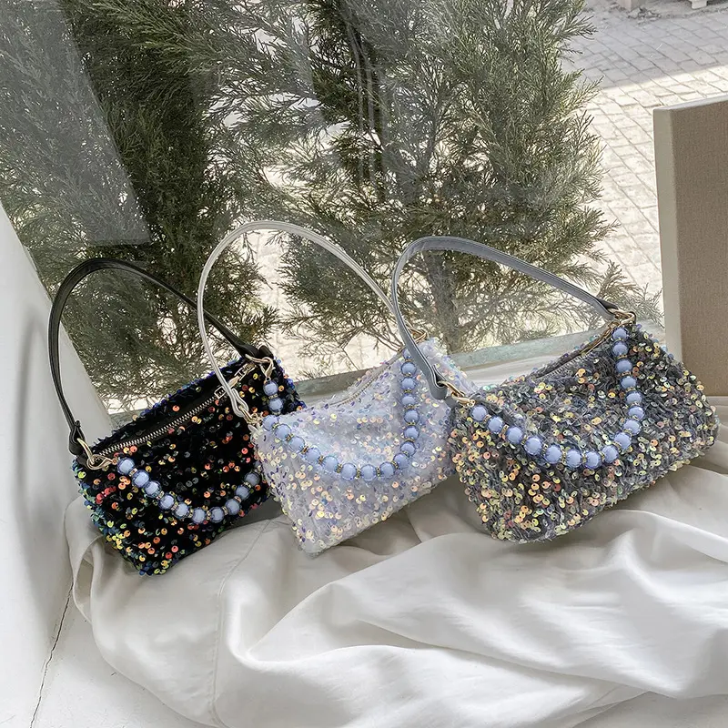 Moda zincir inci Messenger lüks Glitter el çantası kadın çanta düğün toptan için