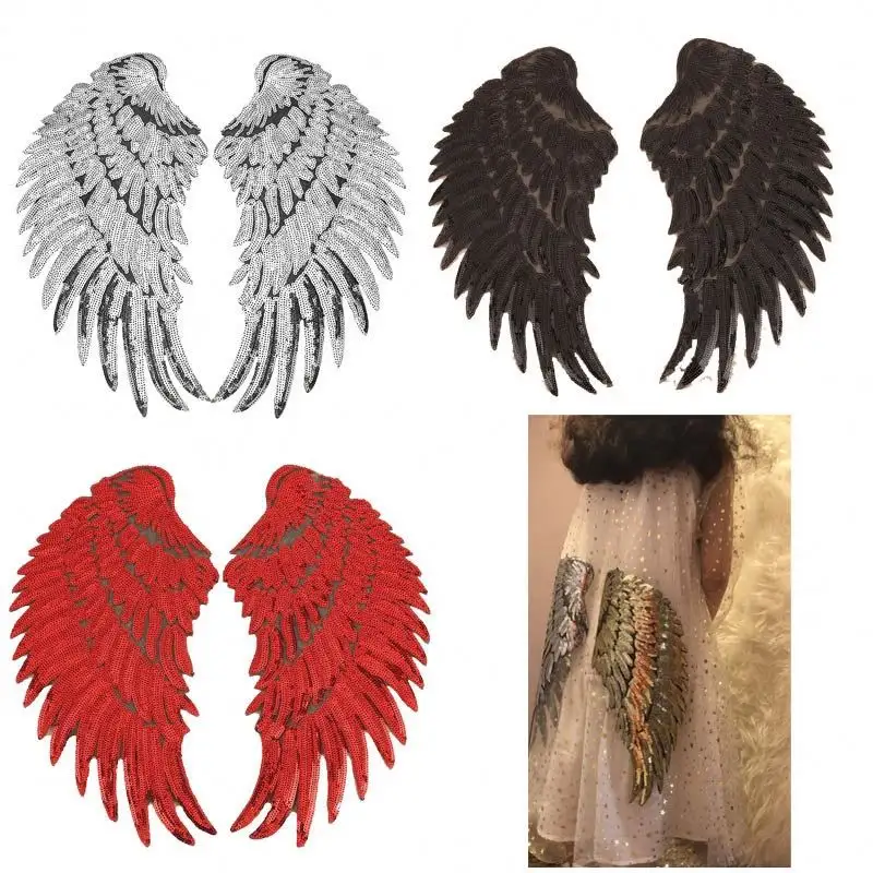 Remendo vermelho de asas de anjo, remendo de ferro para costura, adesivo de lantejoulas para roupas, adesivo de tecido jeans, material de costura R0874