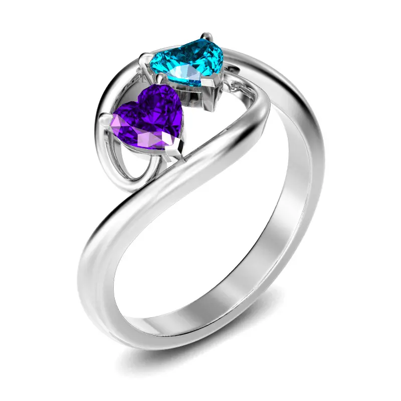 Saffieren Feb En Mar Geboortestenen Topaz Bruiloft Ring 14K Wit Goud Cz Twee-Stenen Hart Ring