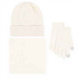 Ensemble trois pièces pour <span class=keywords><strong>femme</strong></span> : <span class=keywords><strong>bonnet</strong></span> d'hiver épais à <span class=keywords><strong>pompon</strong></span>, écharpe et gants tricotés chauds - Product Image 1