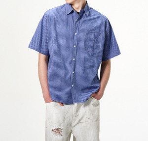 Chemise d'été à carreaux 100 % coton pour homme avec logo personnalisé, col rabattu, coupe oversize, manches courtes, anti-plis, vêtement décontracté - Product Image 5