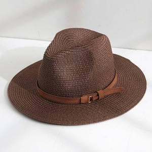 Chapeau Panama classique en paille de papier pour femme, chapeau Fedora, chapeau de soleil de plage, chapeau <span class=keywords><strong>jazz</strong></span> avec bande en cuir - Product Image 1