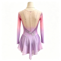 Robe de patinage artistique à manches longues dégradé rose-violet avec dos transparent orné de strass pour la compétition et les spectacles des adultes et des enfants
