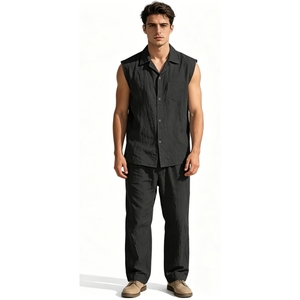 Ensemble 2 pièces <span class=keywords><strong>chemise</strong></span> sans manches boutonnée et <span class=keywords><strong>pantalon</strong></span> en mélange de lin pour <span class=keywords><strong>homme</strong></span> Sehe Fashion - Product Image 4