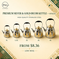 Bouilloire sifflante arabe de luxe en acier inoxydable, décor floral argenté et doré, à facettes, 2L 3L, pour la maison, les mariages, le Ramadan et l'Aïd