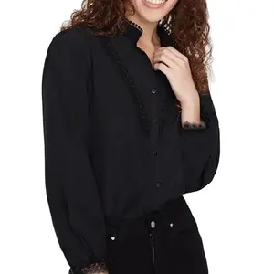 Women Summer Solid Black Blouse Fashion Solid Lace Stitching Button Front Shirt Elegant Long Sleeve Notched Neck Shirt