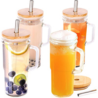 Bouteille d'eau en verre de 24 oz avec couvercle en bambou et paille, anti-fuite, grande capacité, transparente, réutilisable pour café, jus, lait, cola - Design moderne