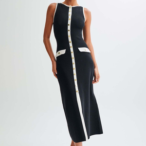 精品性感修身长款针织连衣裙夏季服装女式紧身休闲优雅无袖纽扣针织长裙 - Product Image 5