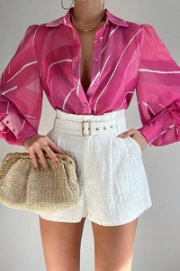 Camicette con maniche a sbuffo Sexy con scollo a V eleganti da donna allentate e stampate con colletto rialzato camicie Top - Product Image 1
