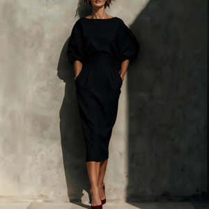 Abito <span class=keywords><strong>Elegante</strong></span> da Donna Stile Primavera-Autunno <span class=keywords><strong>con</strong></span> <span class=keywords><strong>Scollo</strong></span> a Barca e Linea ad A, Abbinato a Top <span class=keywords><strong>con</strong></span> Maniche a Sbuffo e Gonna Plissettata a Vita Alta - Product Image 3