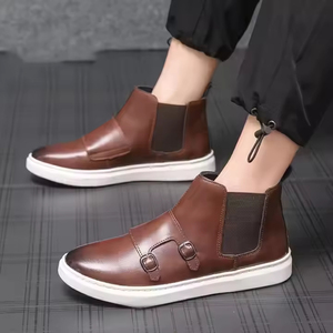 Botas <span class=keywords><strong>Chelsea</strong></span> de Tobillo para Hombre, de Cuero Genuino, Forradas de Piel, con Suela Plana, Banda Elástica, Diseño Cónico y Hebilla, para Invierno y Eventos Formales - Product Image 1