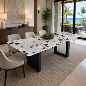 Table à manger personnalisée en quartzite Snow Fox, plateau rectangulaire, style moderne, pour villa, 6 à 8 places, pieds en métal, mobilier en pierre - Product Image 3
