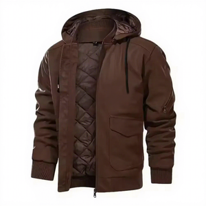 Veste à capuche en cuir véritable marron pour homme, doublure matelassée, poches à rabat zippées, manteau bomber en peau de mouton foncé, vêtement d'extérieur chaud personnalisé pour l'hiver - Product Image 1