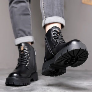 Botas de Trabajo para Hombre, Estilo Británico Retro, con Cordones y Cremallera, de Cuero Sintético Antideslizante y Duradero, con Suela Gruesa y Forro de Piel - Product Image 5