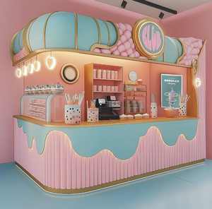 Chiosco Pop-Up per Bubble Tea e Dessert con Luci a LED a Forma di Cuore, <span class=keywords><strong>Arredamento</strong></span> Morbido, Sistema di Stoccaggio Rosa, Scaffalature e Vetrina Espositiva - Product Image 1