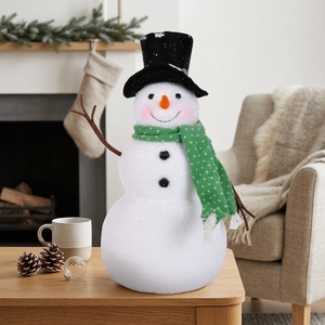 Traditional <b>Black</b> Top Hat Snowman Sculpture with Green <b>Scarf</b> for Xmas Window Decor Personalized - Product Image 3
