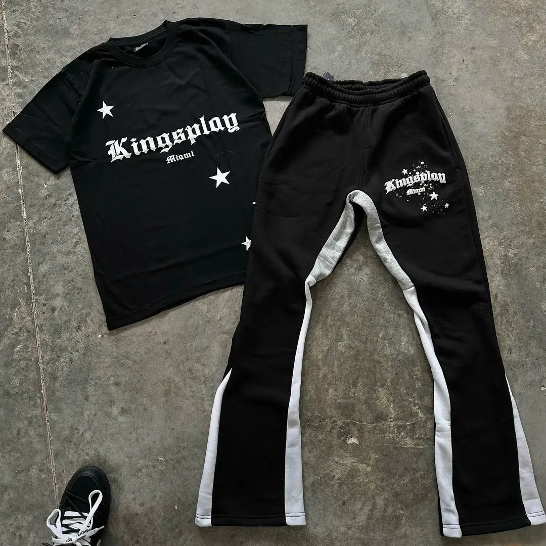 Fabricación de ropa Flared Joggers Black Sports Blank Men's Set Flare Sweats Suit Pantalones de chándal acampanados y camisa Conjunto de dos piezas