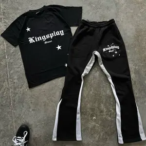 Conjunto de moletom esportivo preto, camiseta e calça de pulso em branco, conjunto de peças masculinas, suéter