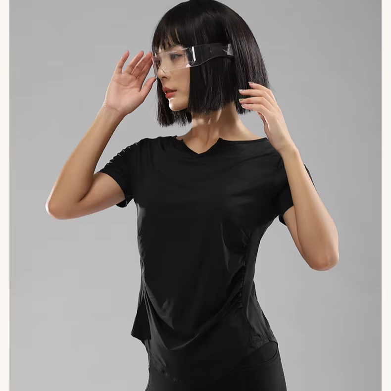 Women's Custom Logo Summer Casual Solid Loose Side Ruched V-Neck Short Sleeve Yoga Gym Set Fitness Sport T-Shirt Soft Material