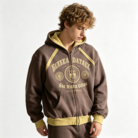 Sweat-shirt à capuche zippé épais pour homme, style streetwear Dirty Spray, marron, avec imprimé graphique à blocs de couleur contrastés, en coton, fabricant