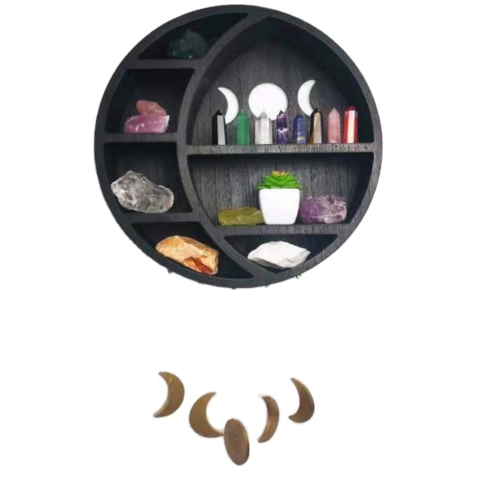 Деревянная подвесная полка в виде Луны с кристаллами и эфирным маслом