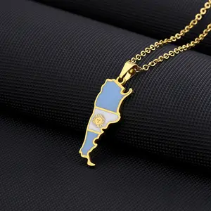 Manufacturer Enameled Stainless Steel Silver 18K Gold Plated Charm Necklaces Enamel Argentina Flag Map Pendant Necklace