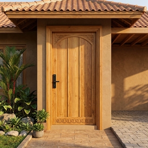 Una lujosa puerta frontal de teca maciza con un arco superior, adornada con impresionantes motivos florales tallados a mano. - Product Image 4