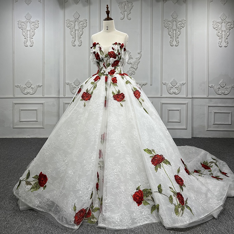 9585 2022 New Latest Design White Lace Sleeveless Rose Embroidery Tulle Ball Elegant Evening Dress