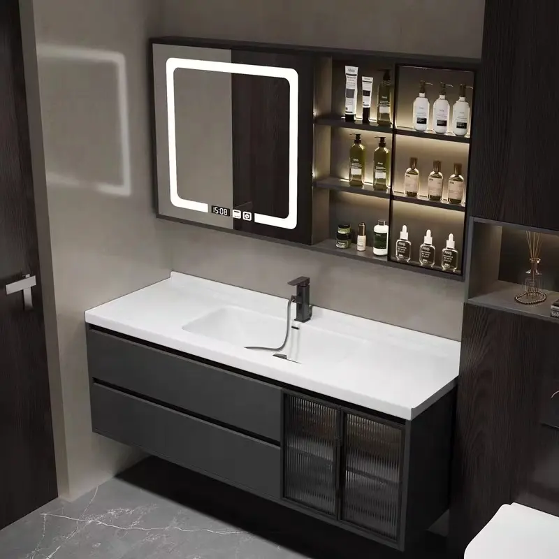 Kabinet cermin rias kamar mandi pemasangan dinding kamar mandi desain sederhana Modern dengan wastafel keramik