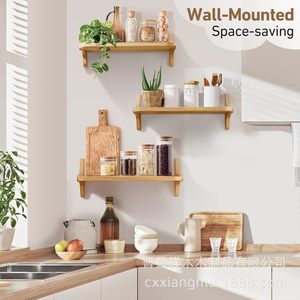 Wooden <b>Wall</b> Mounted <b>Floating</b> <b>Shelf</b> Natural Wood Color Rectangular Bathroom Storage Rack Display Stand - Product Image 3