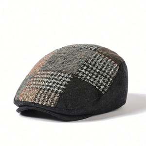 2023 Autumn Winter New Euro American British Houndstooth <b>Flat</b> Top Ivy <b>Cap</b> Ducktongue Retro <b>Mens</b> Cotton Beret Hat - Product Image 1