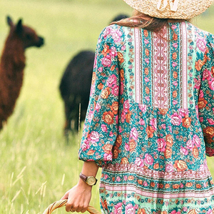 ชุดเดรสยาวพิมพ์ลายดอกไม้สำหรับผู้หญิงวินเทจชุดเดรสลำลองผ้าชีฟองคลุมเข่าแขนพองแฟชั่<span class=keywords><strong>น</strong></span><span class=keywords><strong>ล่าสุด</strong></span>สำหรับฤดูร้อ<span class=keywords><strong>น</strong></span> - Product Image 4