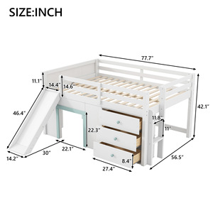 Cama alta infantil con cajones de almacenamiento y tobogán, muebles blancos para dormitorio infantil - Product Image 4